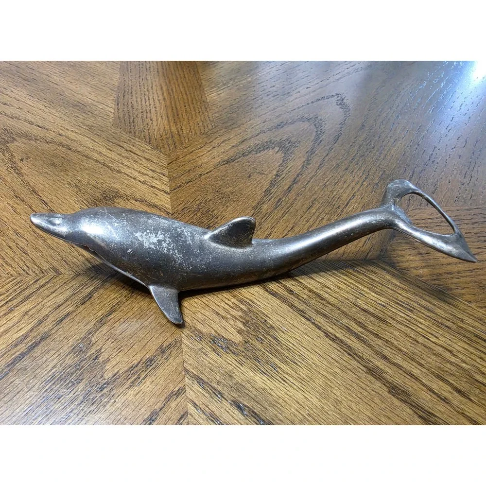 Vintage Silver Tone Dolphin Bottle Opener Nautical Barware Paperweight 7.5 Inch